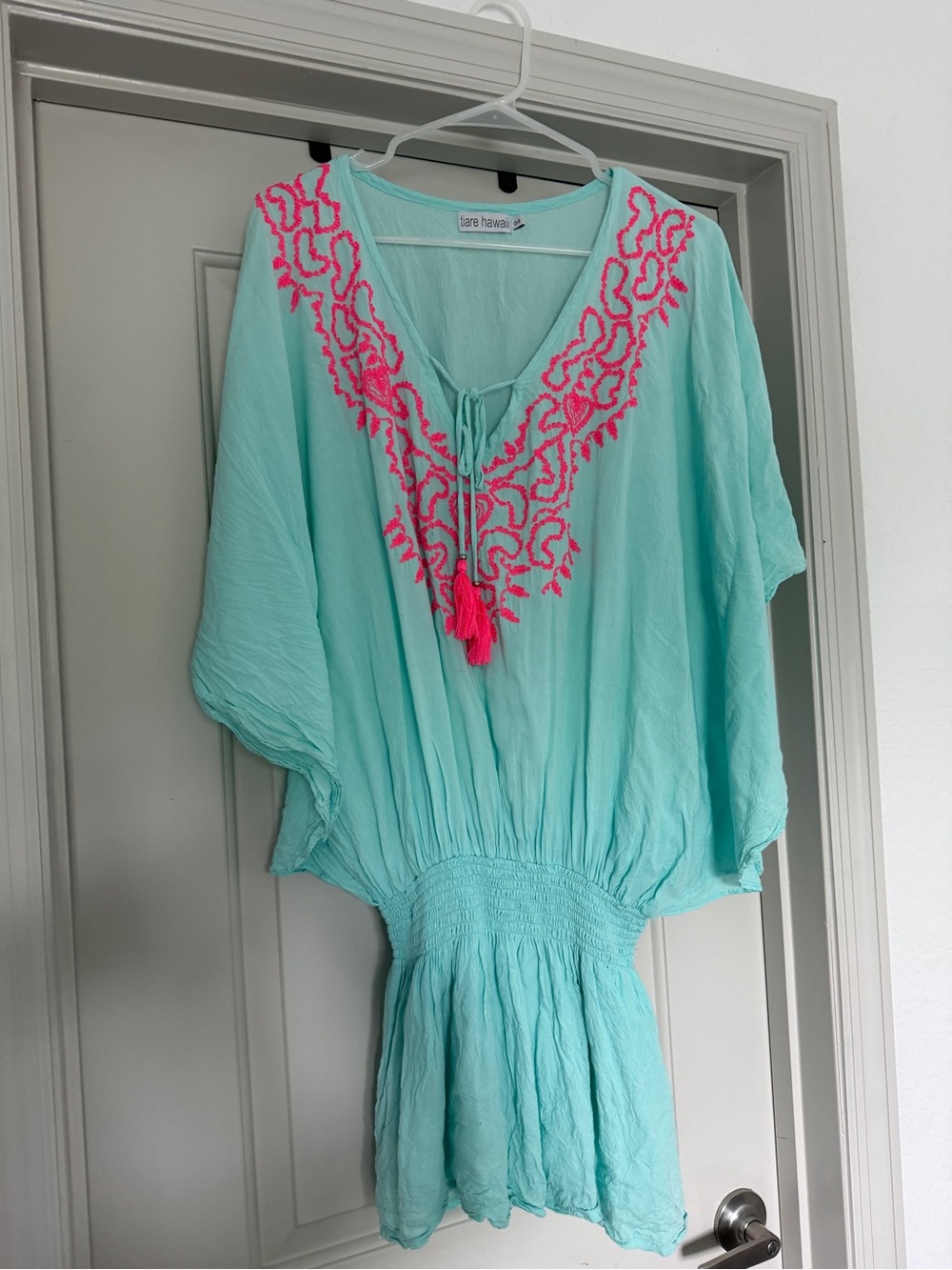 Tiare Hawaii Blue coverup dress with Bright Pink Embroidery